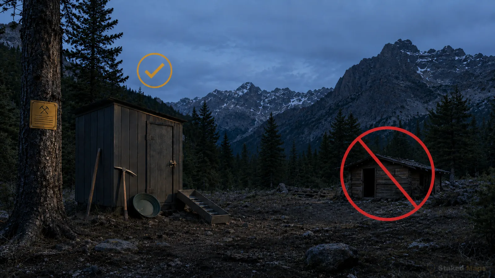 A small tool shed with mining equipment marked allowed beside a log cabin marked not allowed in a mountain forest at dusk
