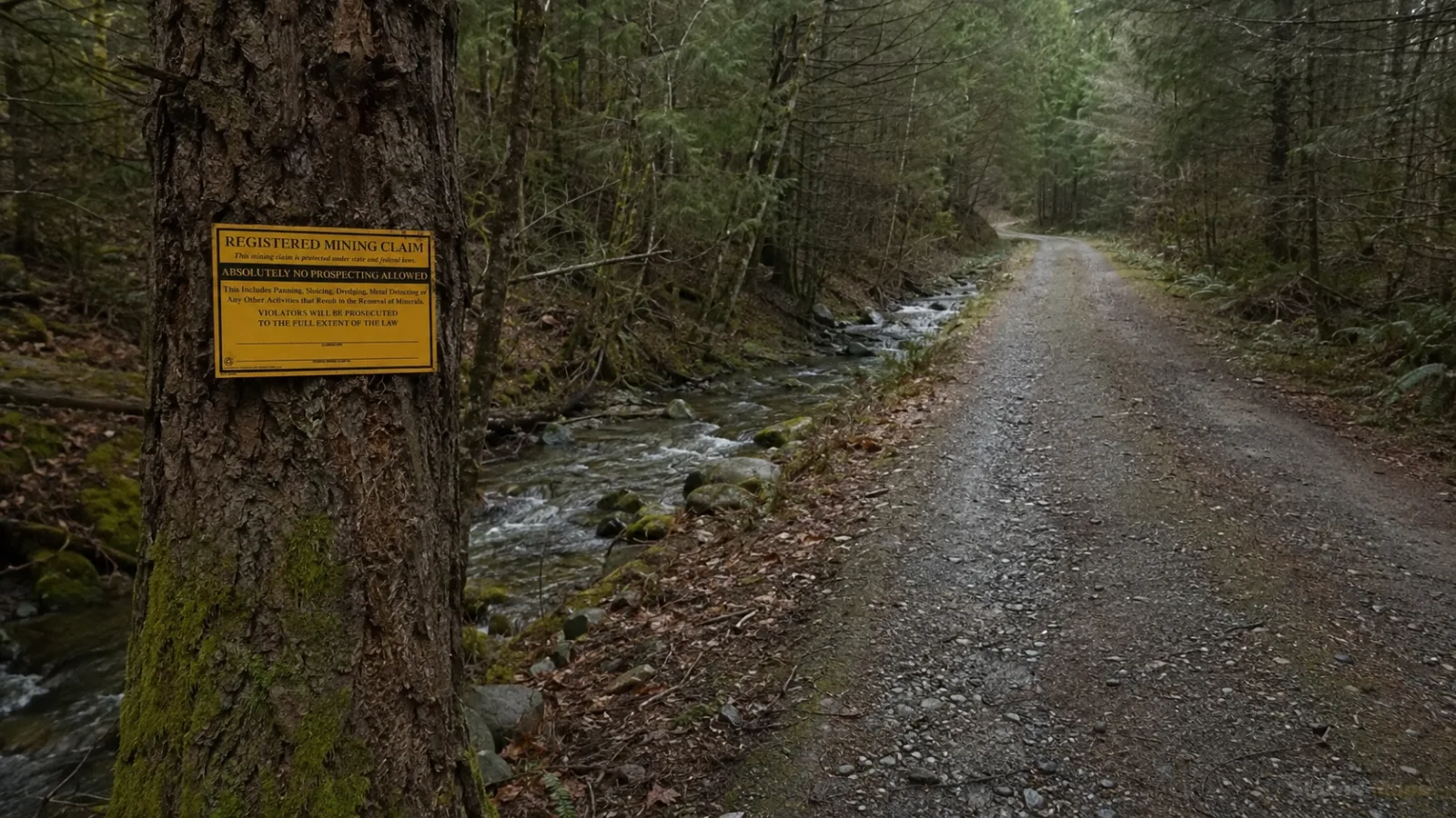 A registered mining claim sign posted on a tree beside a forest creek and gravel road