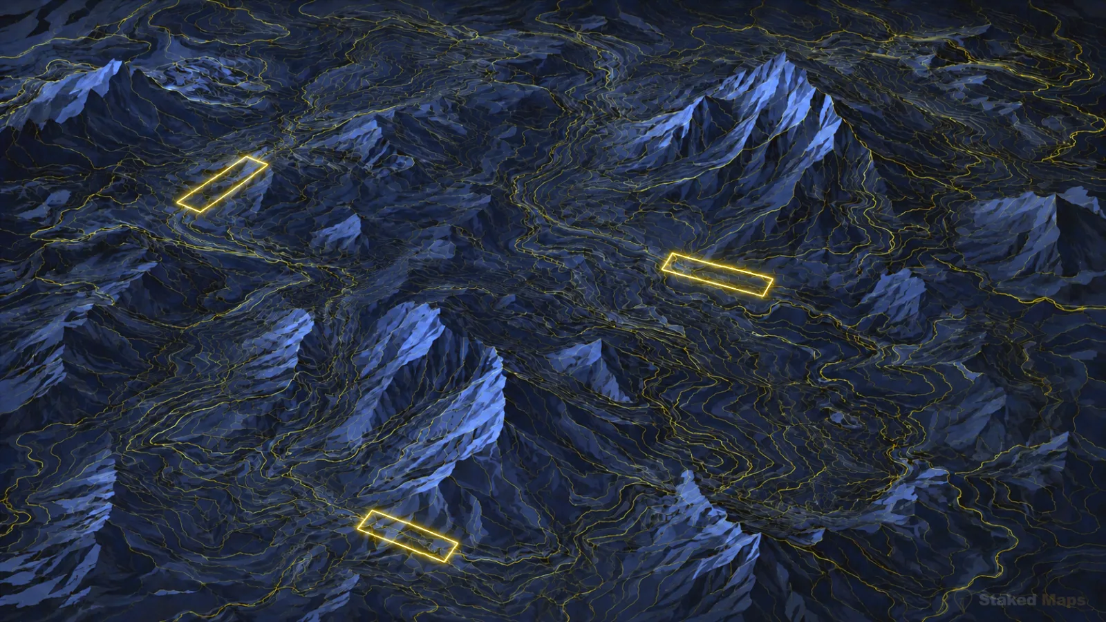 Illustration of a topographic map with glowing claim boundary outlines overlaid on rugged mountain terrain