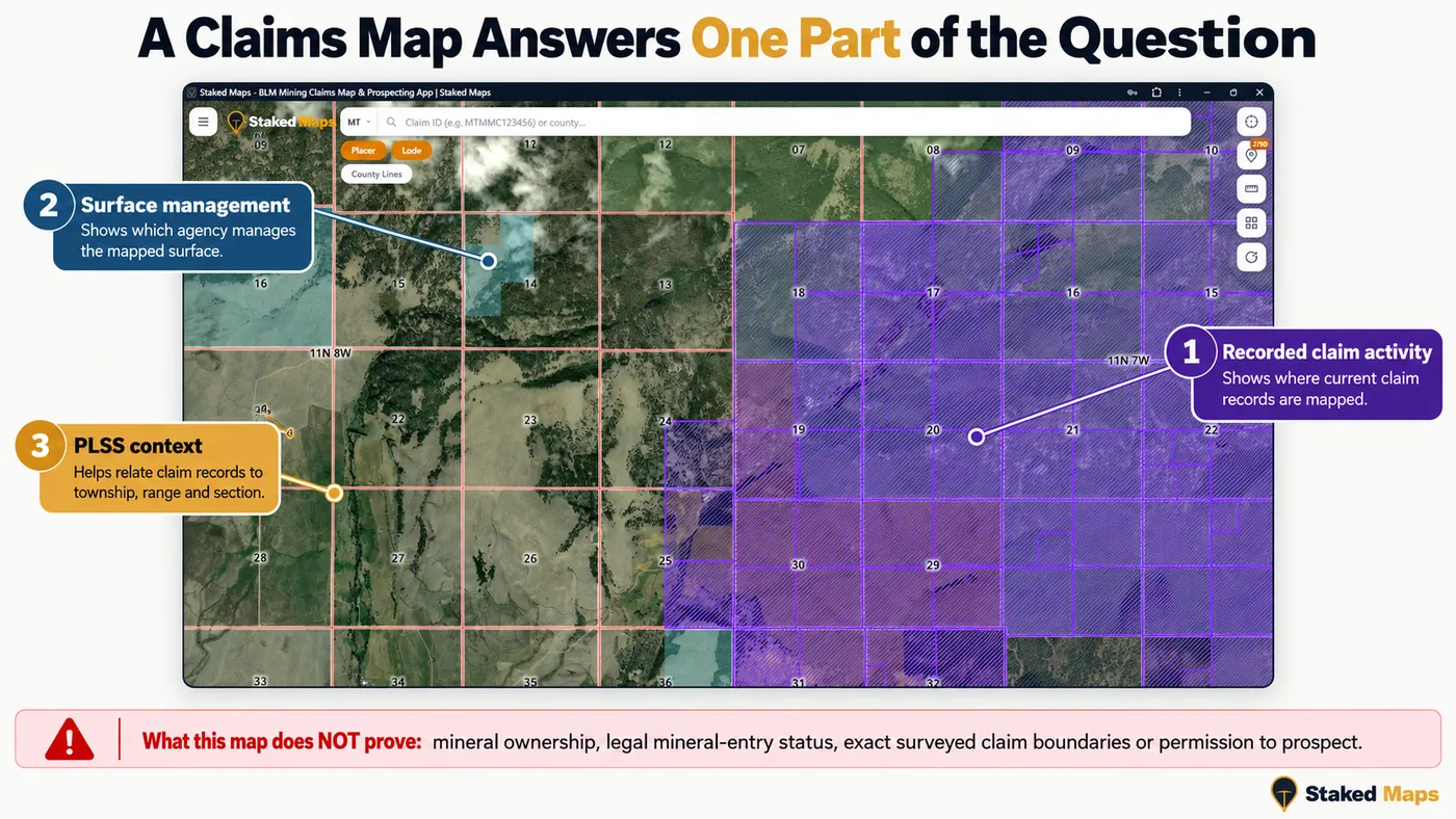 Staked Maps screenshot showing claims, surface management, and PLSS layers together