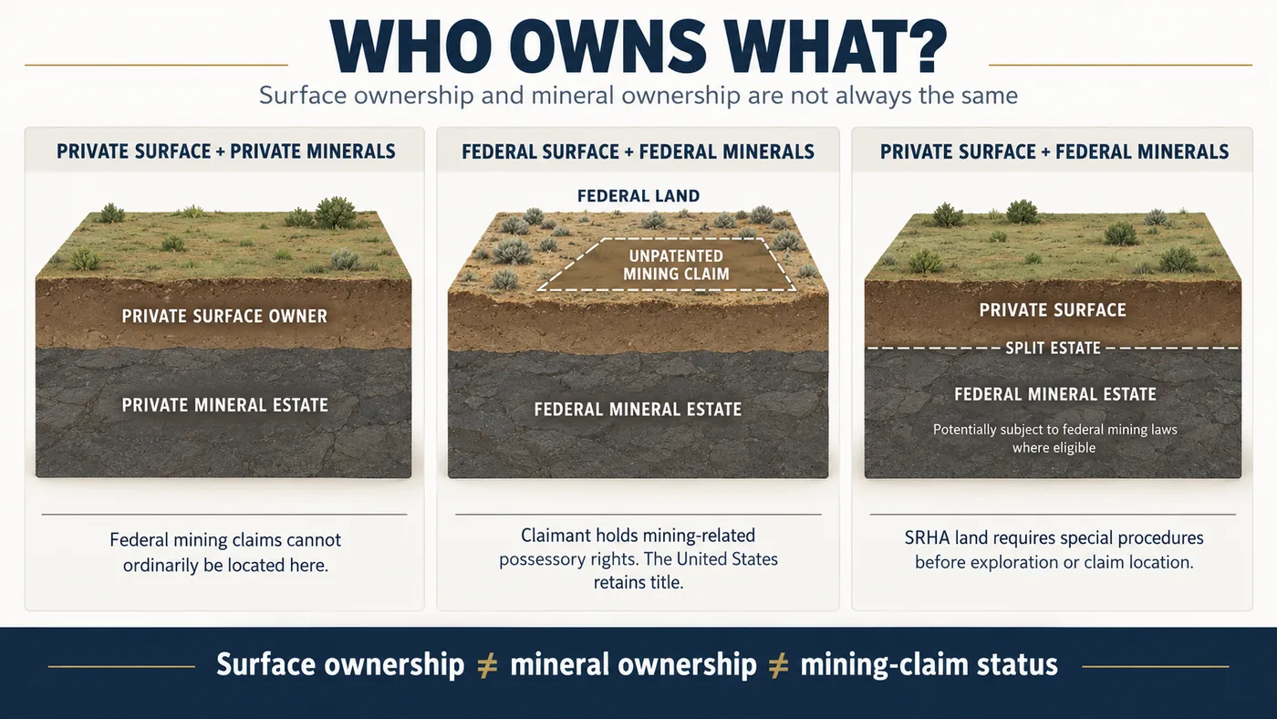 Three land-ownership scenarios: surface and mineral rights split estate diagram