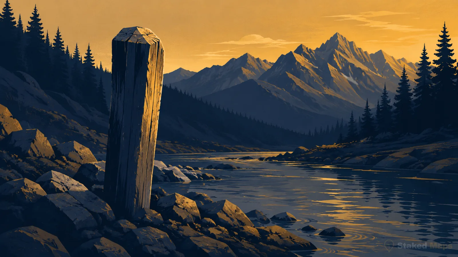 Illustration of a wooden mining claim corner post staked into rocky ground beside a mountain creek at golden hour