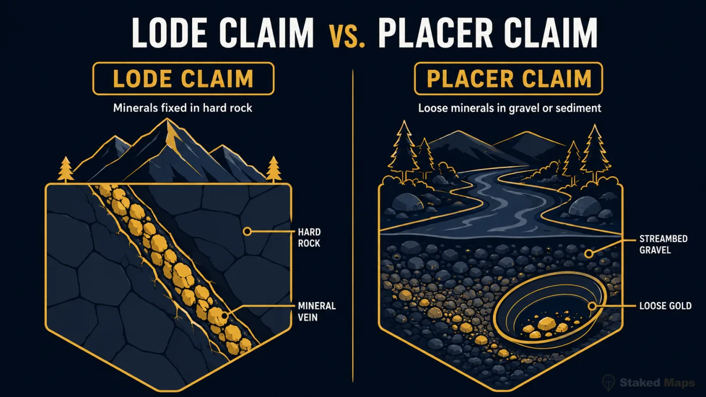 Lode claim vs. placer claim comparison: lode claims cover a mineral vein fixed in hard rock, placer claims cover loose minerals like gold settled in streambed gravel