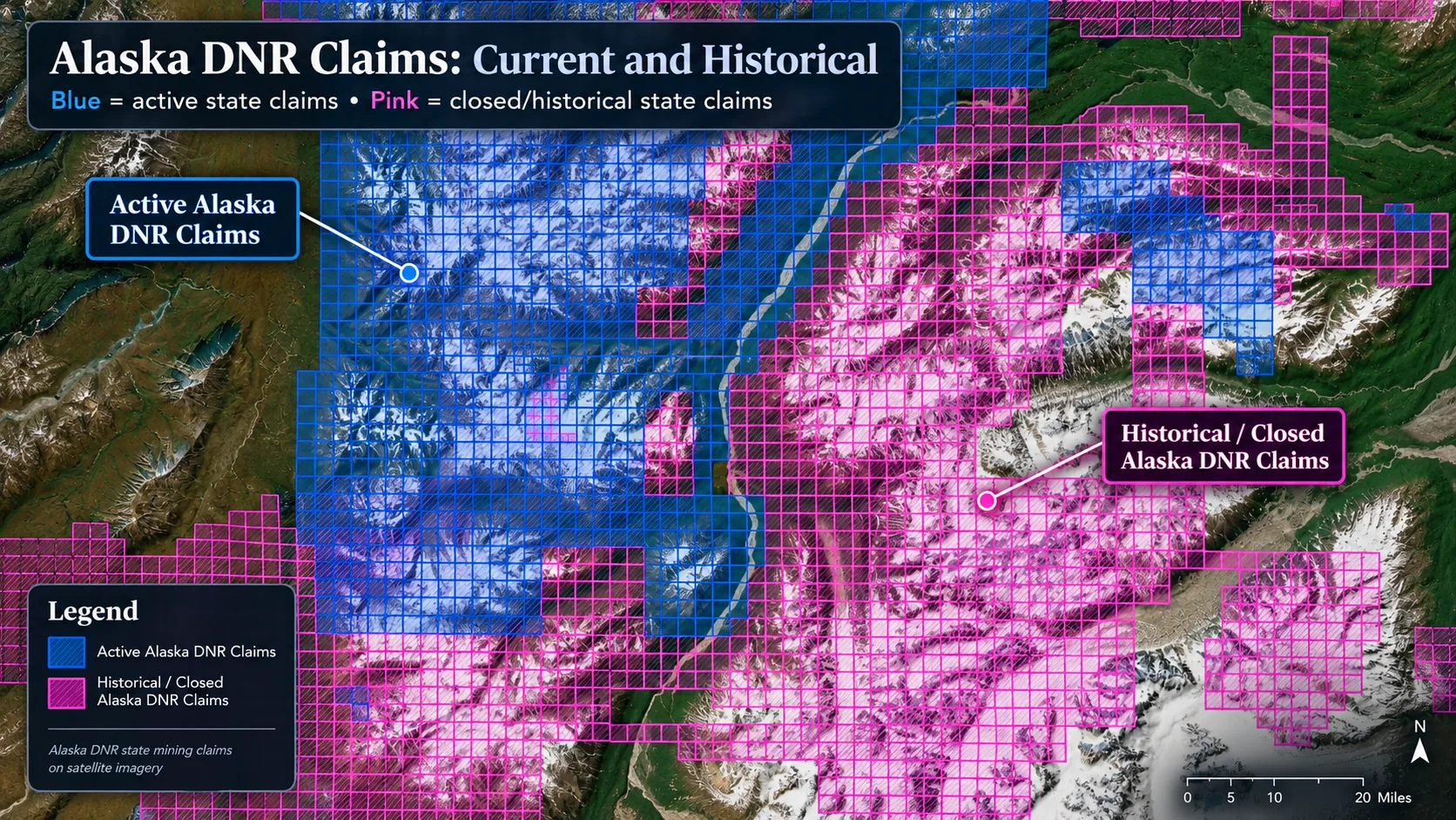 Staked Maps map showing active Alaska DNR state claims in blue and historical/closed Alaska DNR state claims in pink over the same area