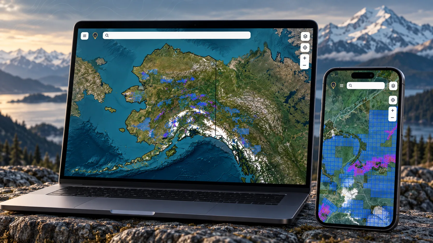 Staked Maps Alaska mining claims map shown on laptop and phone, displaying BLM federal and Alaska DNR state claim layers across the state