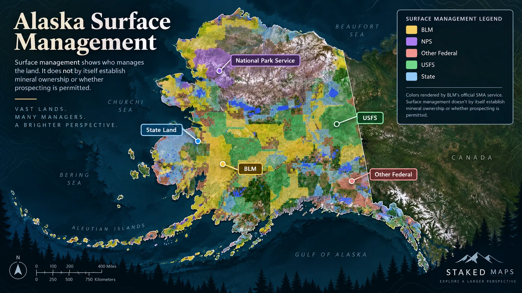 Alaska statewide surface-management map showing BLM, National Park Service, other federal, U.S. Forest Service and state-managed land