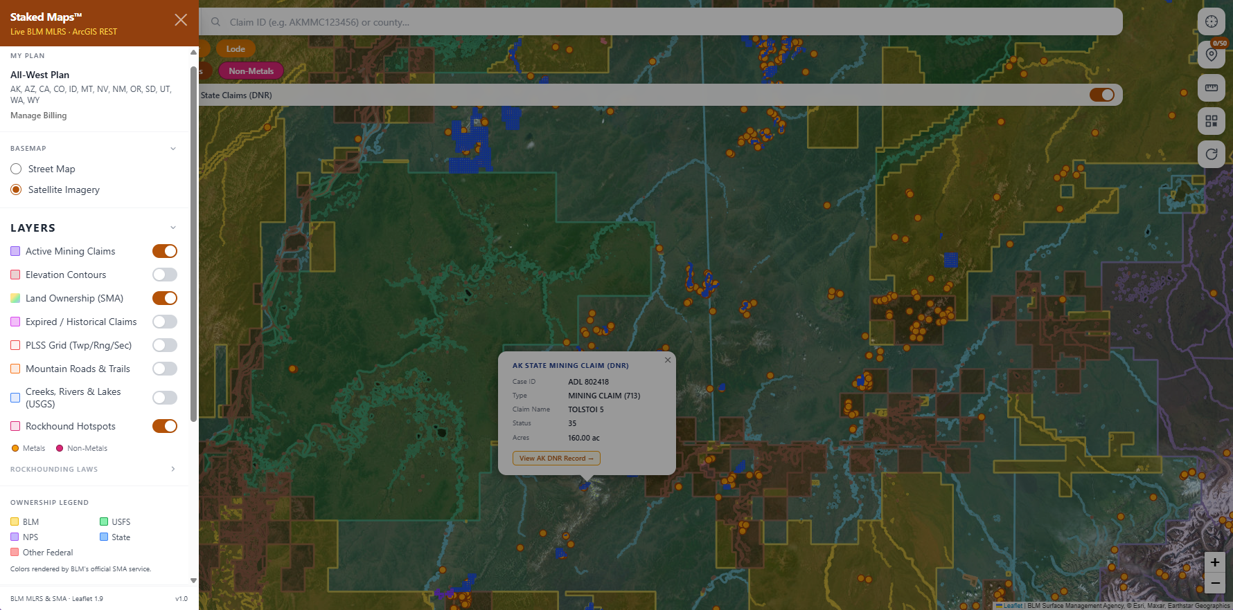 Alaska BLM mining claims & rockhounding interactive map.