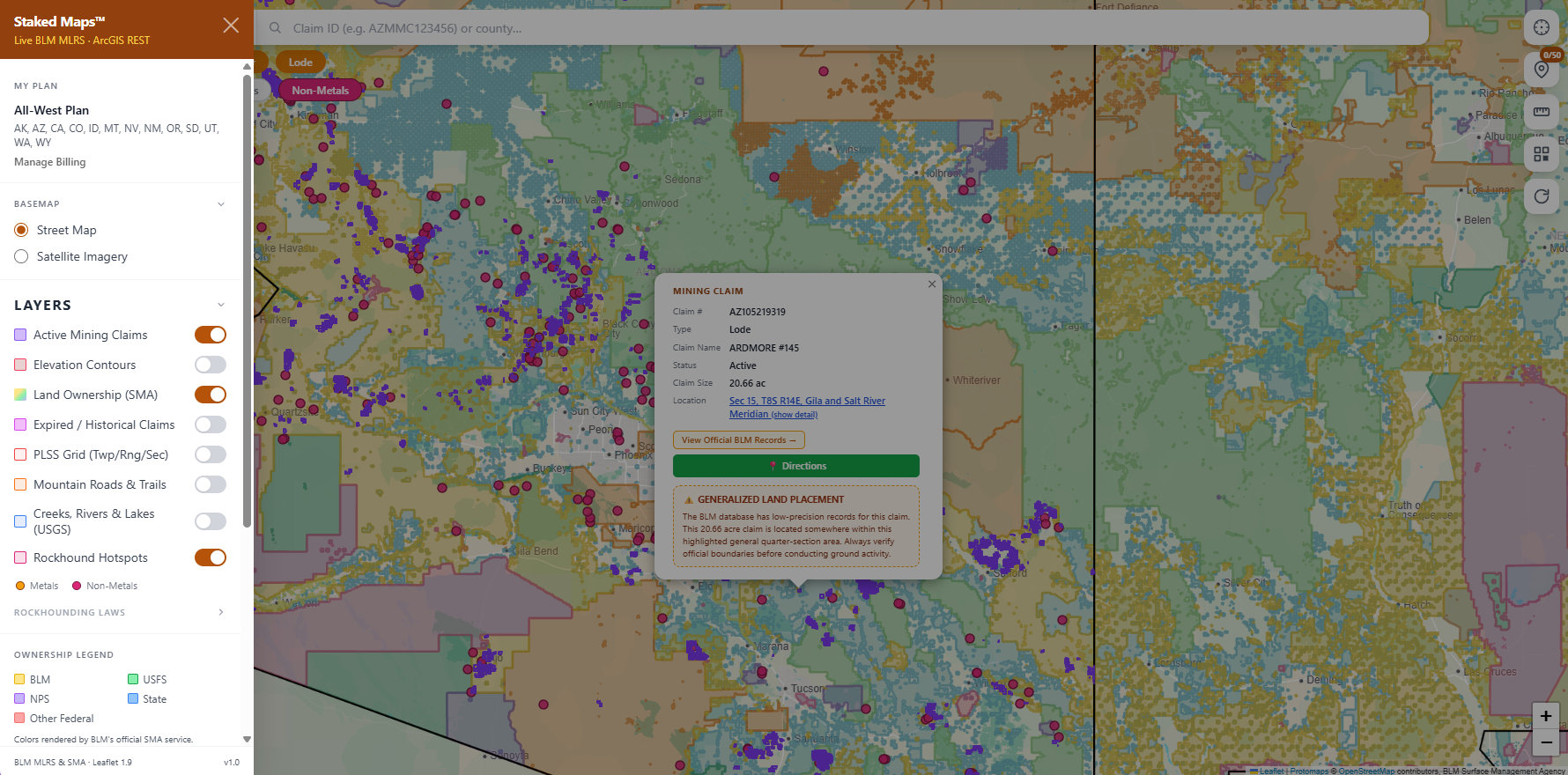 Arizona BLM mining claims & rockhounding interactive map.