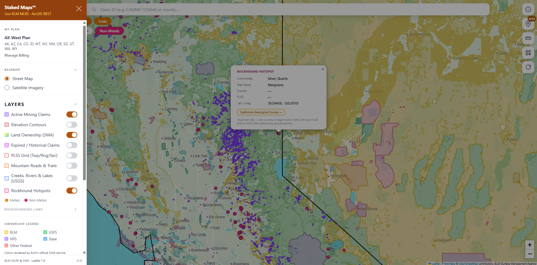 California BLM mining claims & rockhounding interactive map.