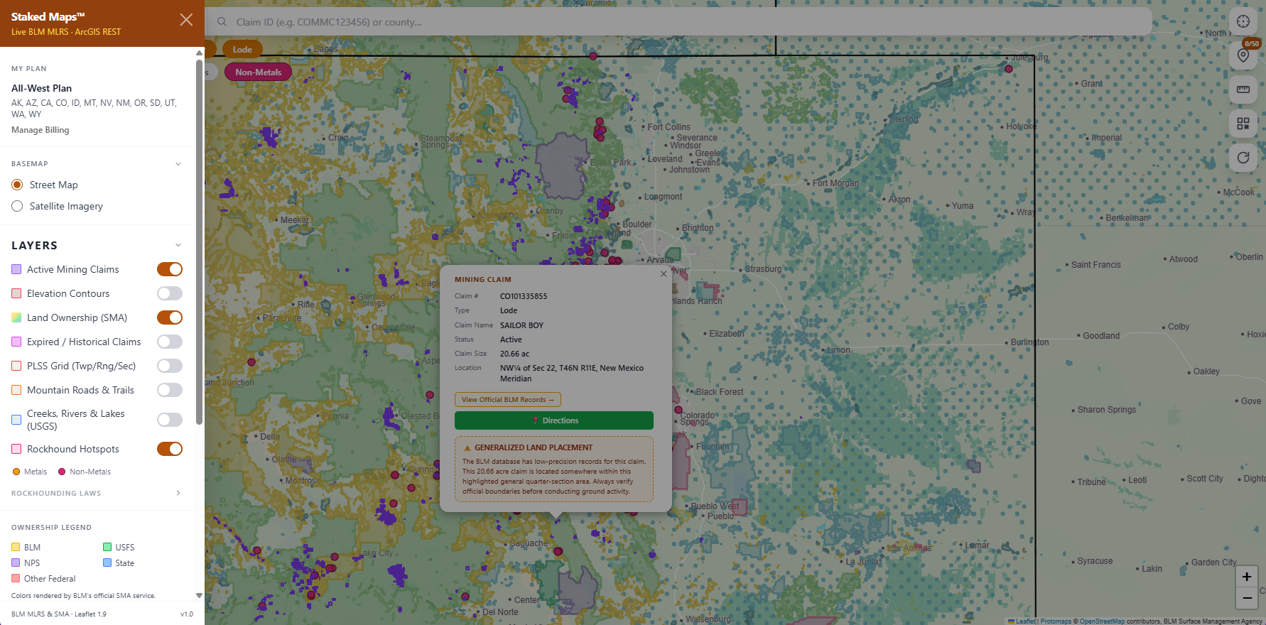Colorado BLM mining claims & rockhounding interactive map.