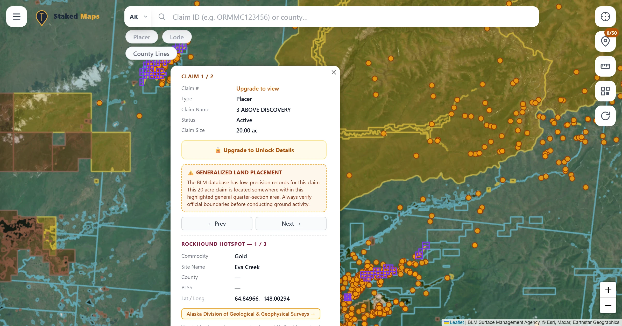 Fairbanks & Circle District, AK BLM mining claims & rockhounding interactive map.