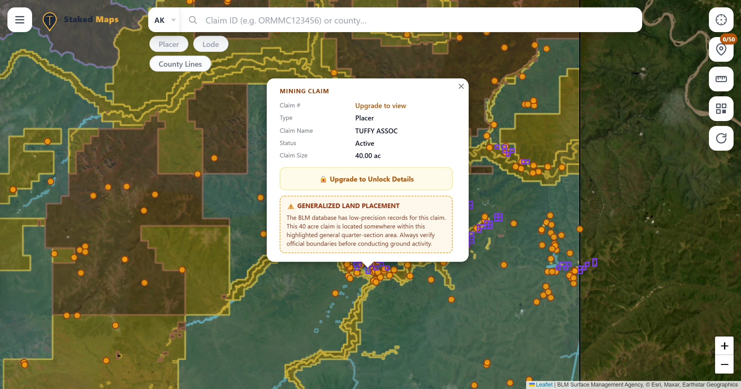 Fortymile River & Chicken, AK BLM mining claims & rockhounding interactive map.
