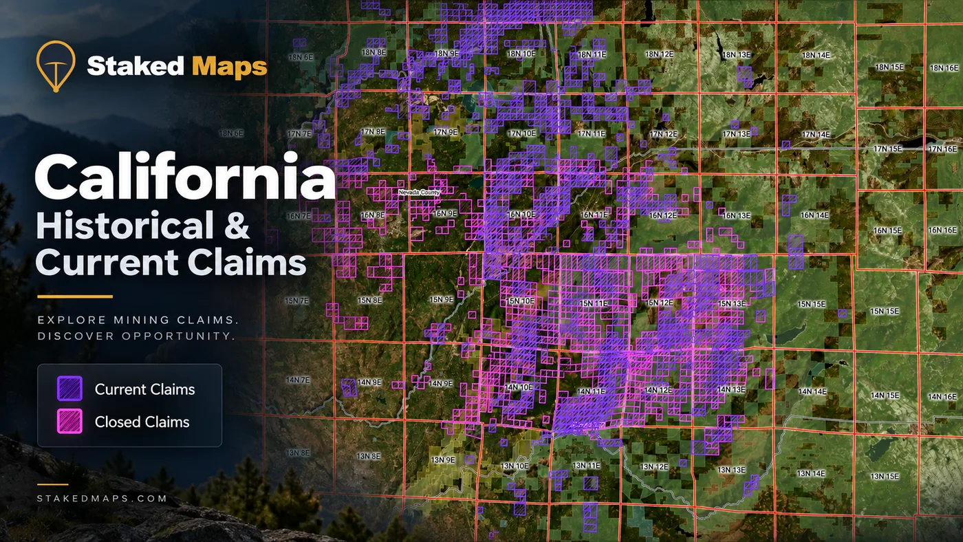 Staked Maps historical/closed mining claim layer shown for a California area