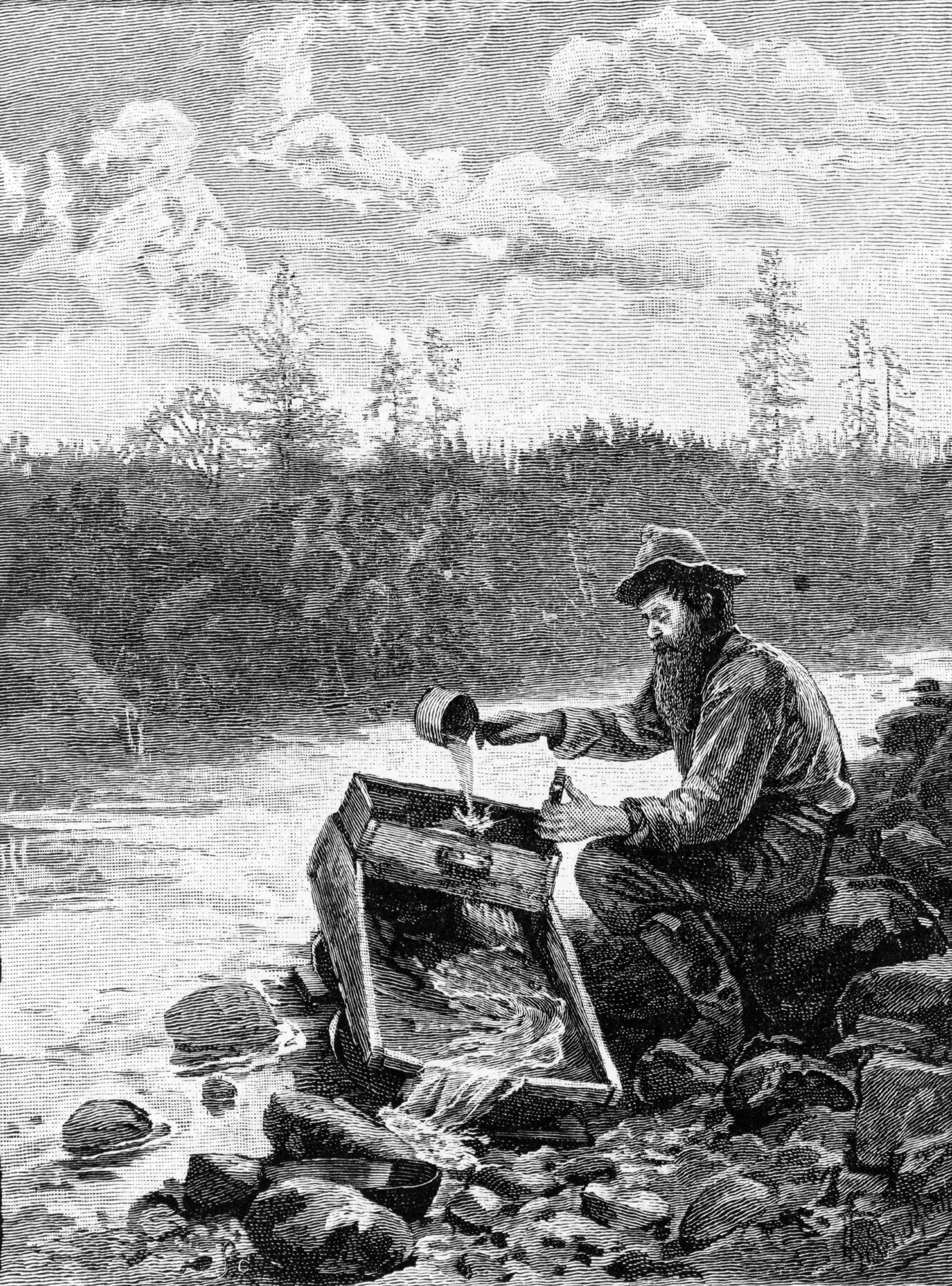 Illustration of hydraulic mining for gold in California, titled The Cradle, 1883