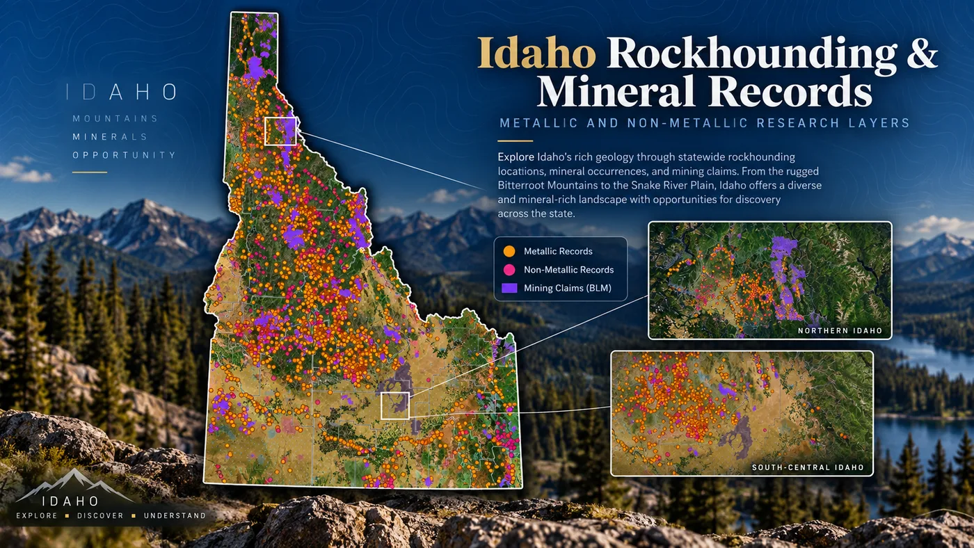 Idaho metallic and non-metallic mineral occurrence records shown with mining claims in Staked Maps