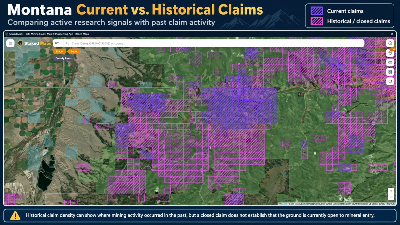 Staked Maps map comparing current mining claims in purple to historical/closed mining claims in pink over the same area of Montana