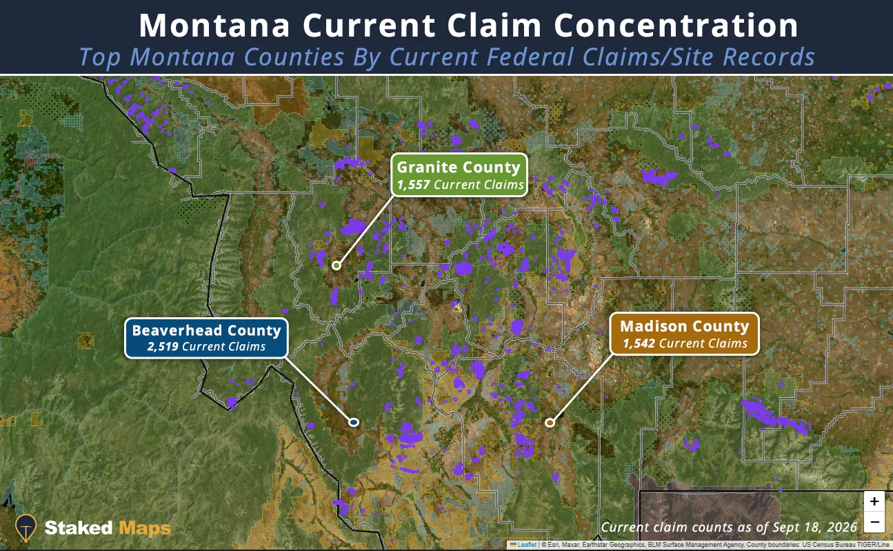 Staked Maps satellite map of Montana highlighting Beaverhead, Granite and Madison counties, the three counties with the most current federal mining claim records