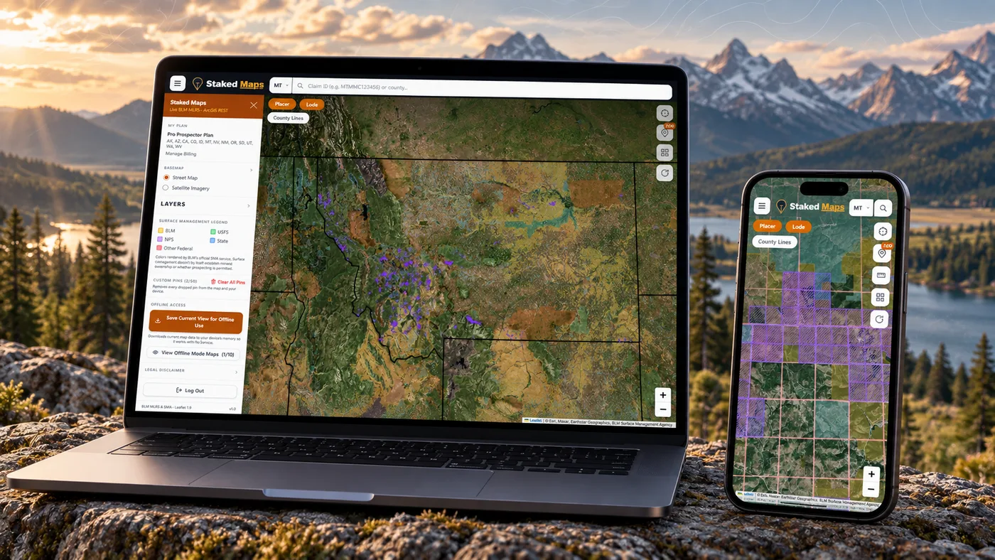 Staked Maps Montana mining claims map shown on laptop and phone, displaying current BLM lode and placer claims and surface-management layers