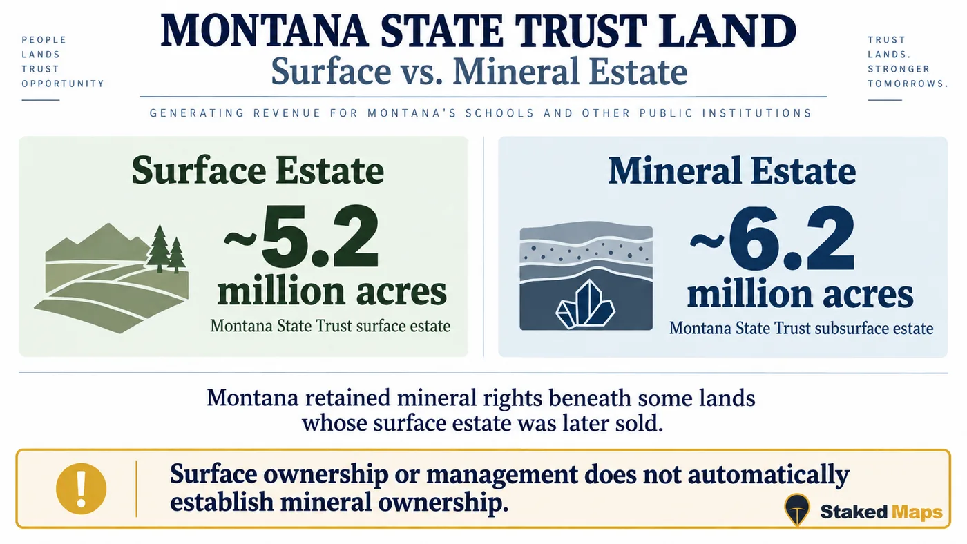 Infographic comparing Montana State Trust surface estate at about 5.2 million acres to Montana State Trust subsurface mineral estate at about 6.2 million acres