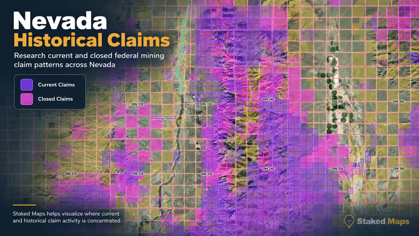 Staked Maps historical/closed mining claim layer shown for a Nevada area