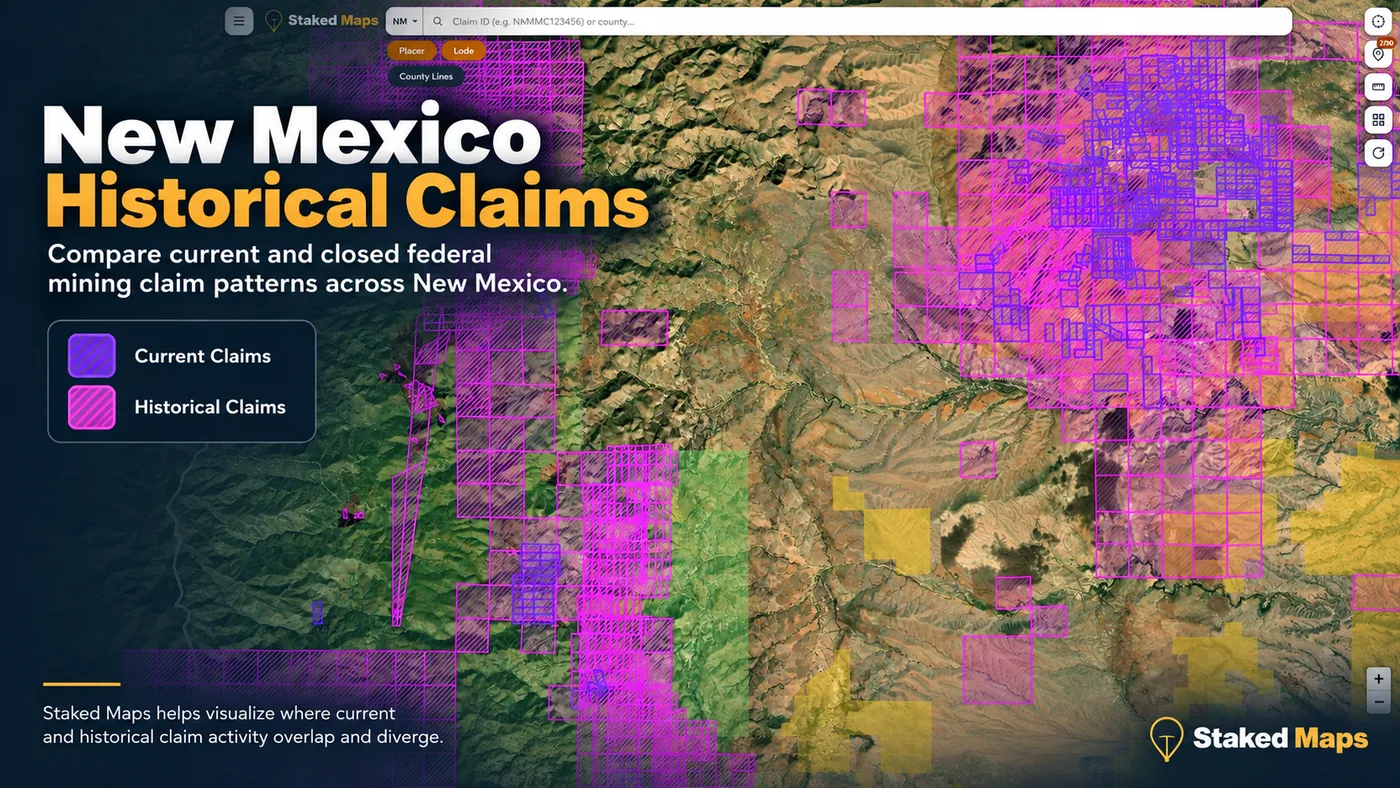 Current and historical New Mexico mining claims displayed together in Staked Maps