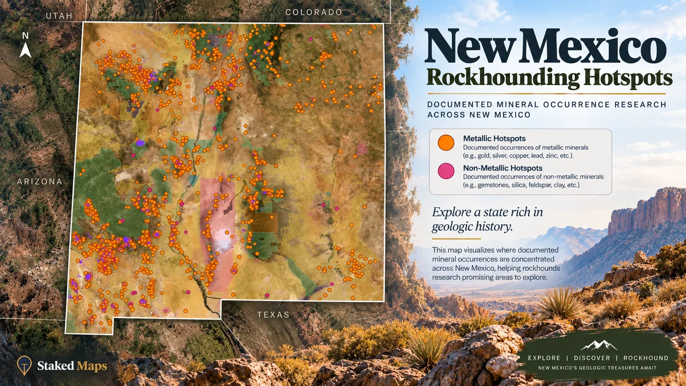 New Mexico mineral occurrence shown with mining claims and surface management in Staked Maps
