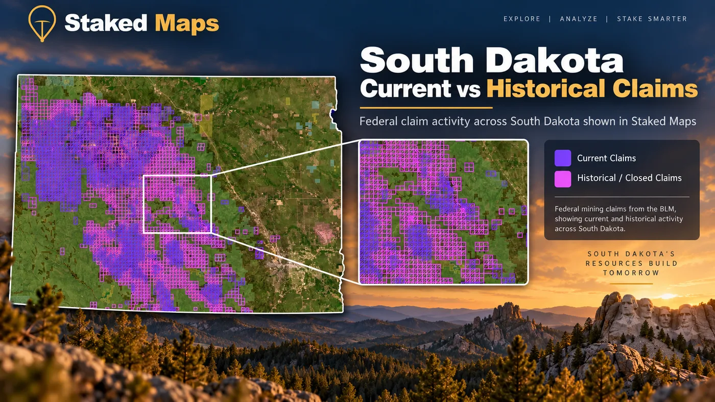 South Dakota current and historical BLM mining claims in the Black Hills with current claims in purple and historical claims in pink