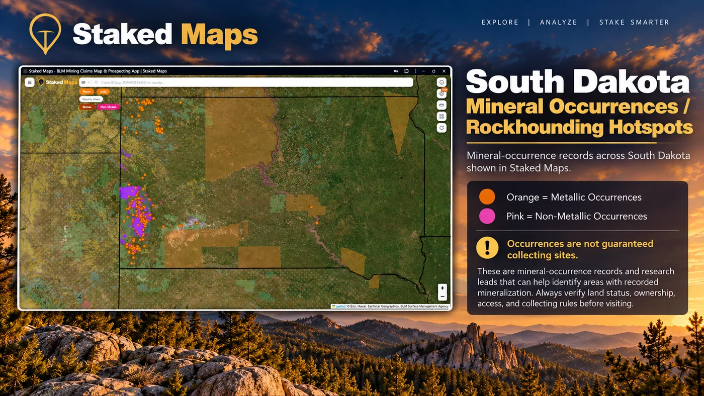 Staked Maps South Dakota mineral occurrence map showing metallic and non-metallic records in and around the Black Hills