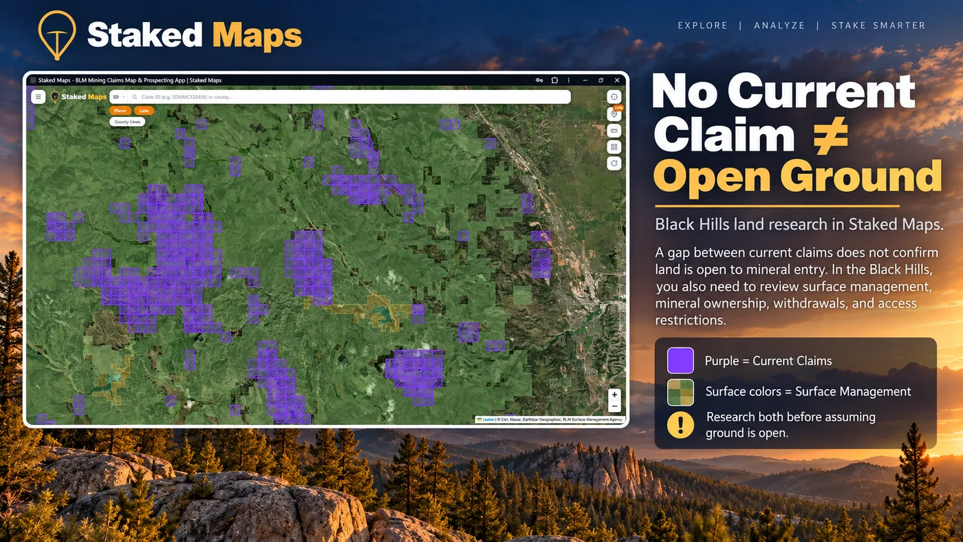 Black Hills Staked Maps screenshot showing current mining claims and surface management, illustrating that no current claim does not mean land is open