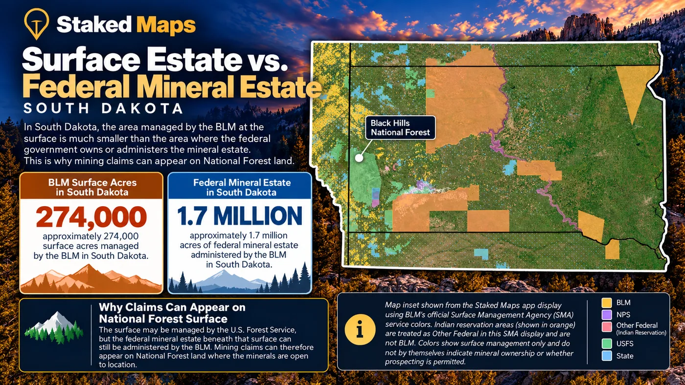South Dakota infographic comparing approximately 274,000 BLM surface acres with 1.7 million acres of federal mineral estate