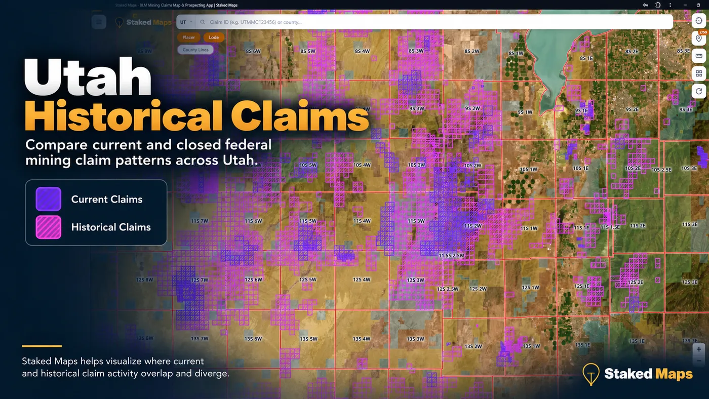 Utah current and historical BLM mining claims on a PLSS township grid, with current claims in purple and historical claims in pink
