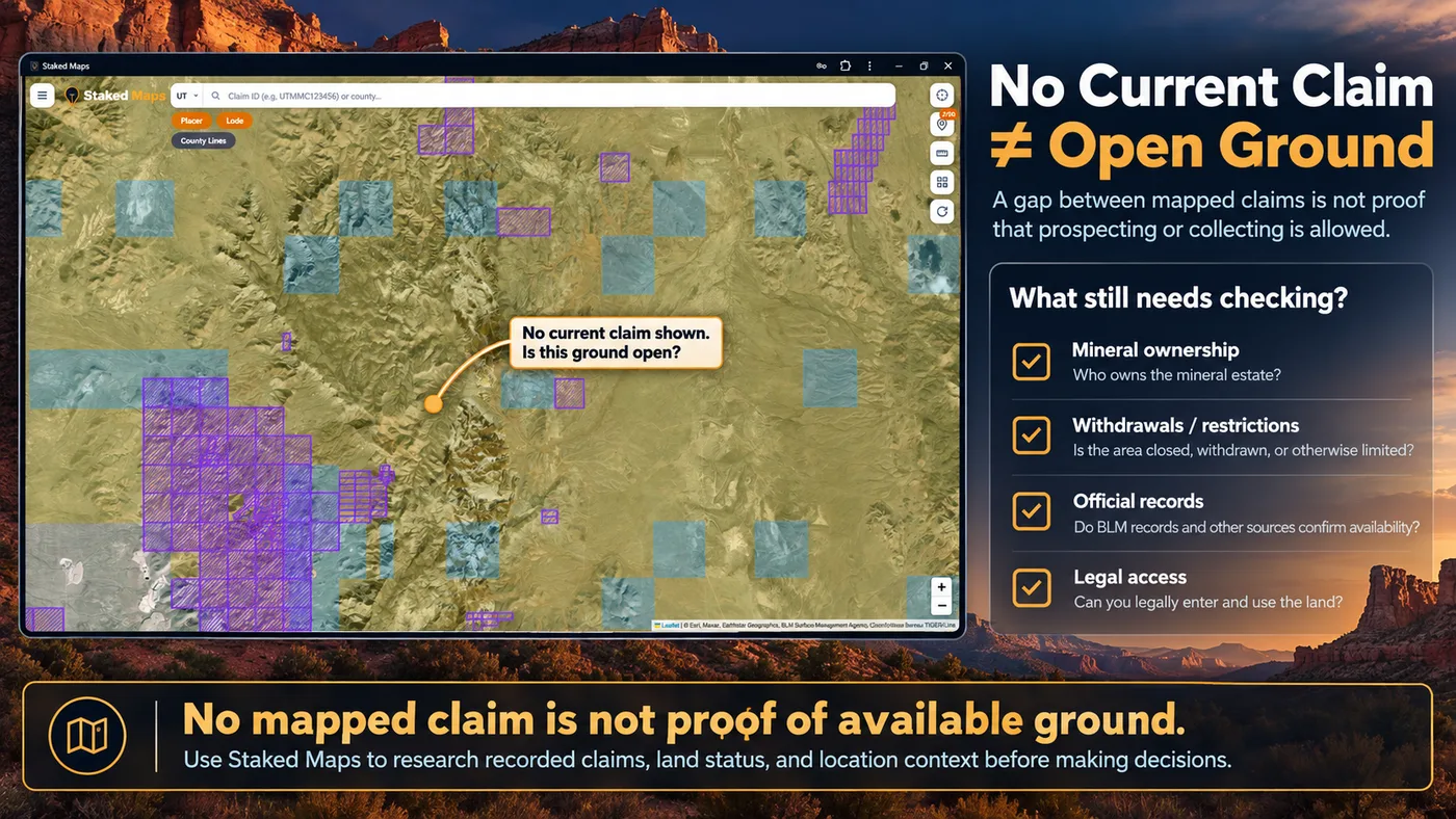 Utah Staked Maps screenshot with a gap between current mining claims, illustrating that no current claim does not mean the ground is open