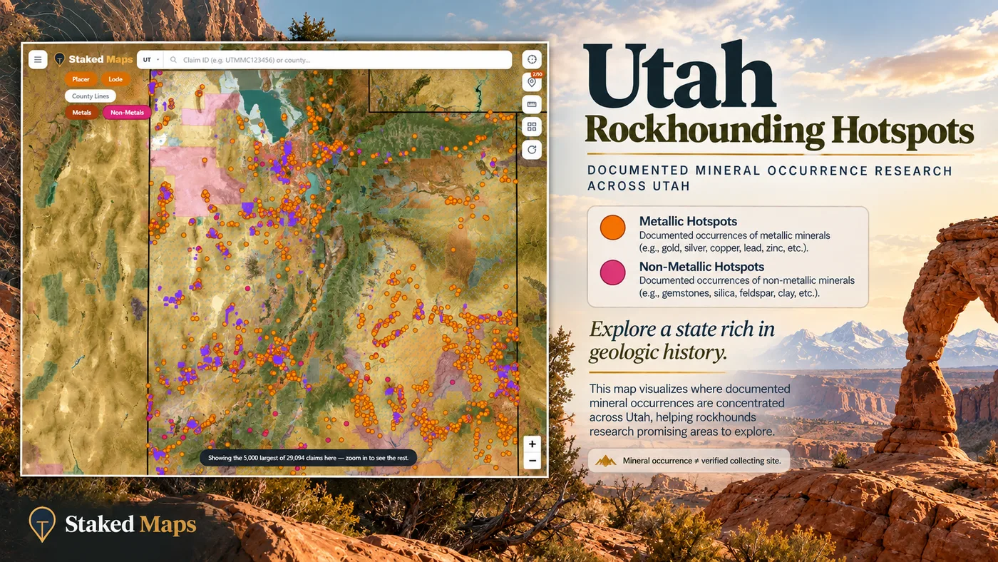 Utah Rockhound Hotspots in Staked Maps showing metallic and non-metallic mineral occurrence points with current claims