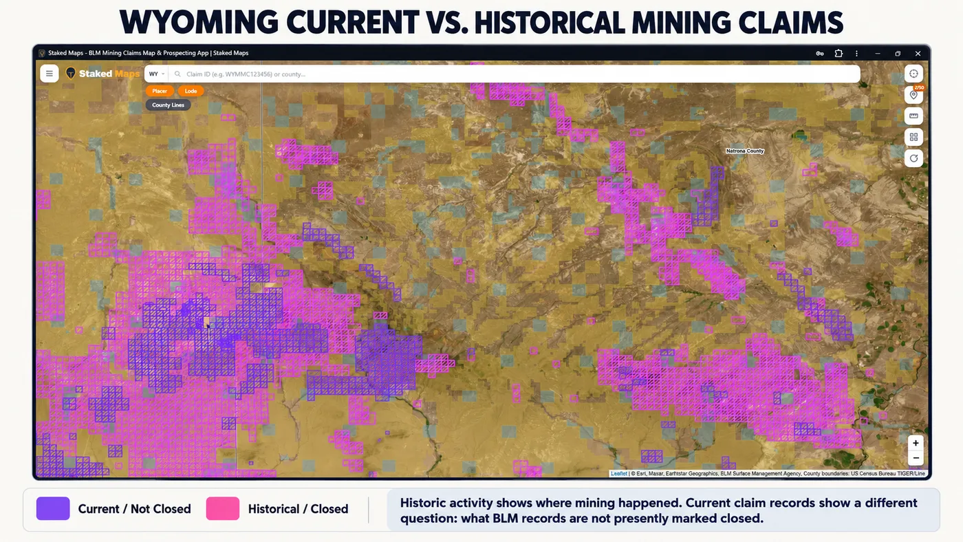 Wyoming current and historical mining claim records shown together in Staked Maps