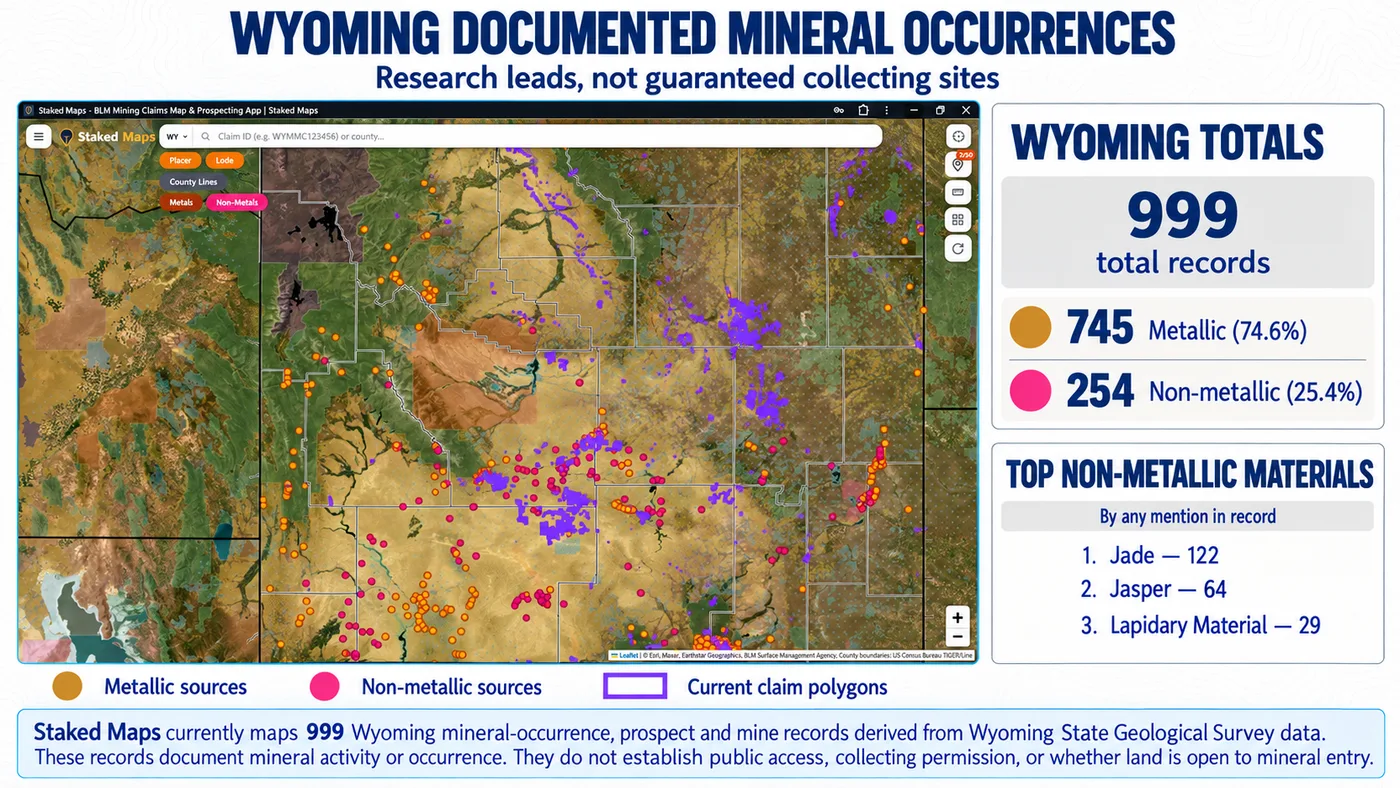 Wyoming documented mineral occurrences with metallic and non-metallic source points in Staked Maps
