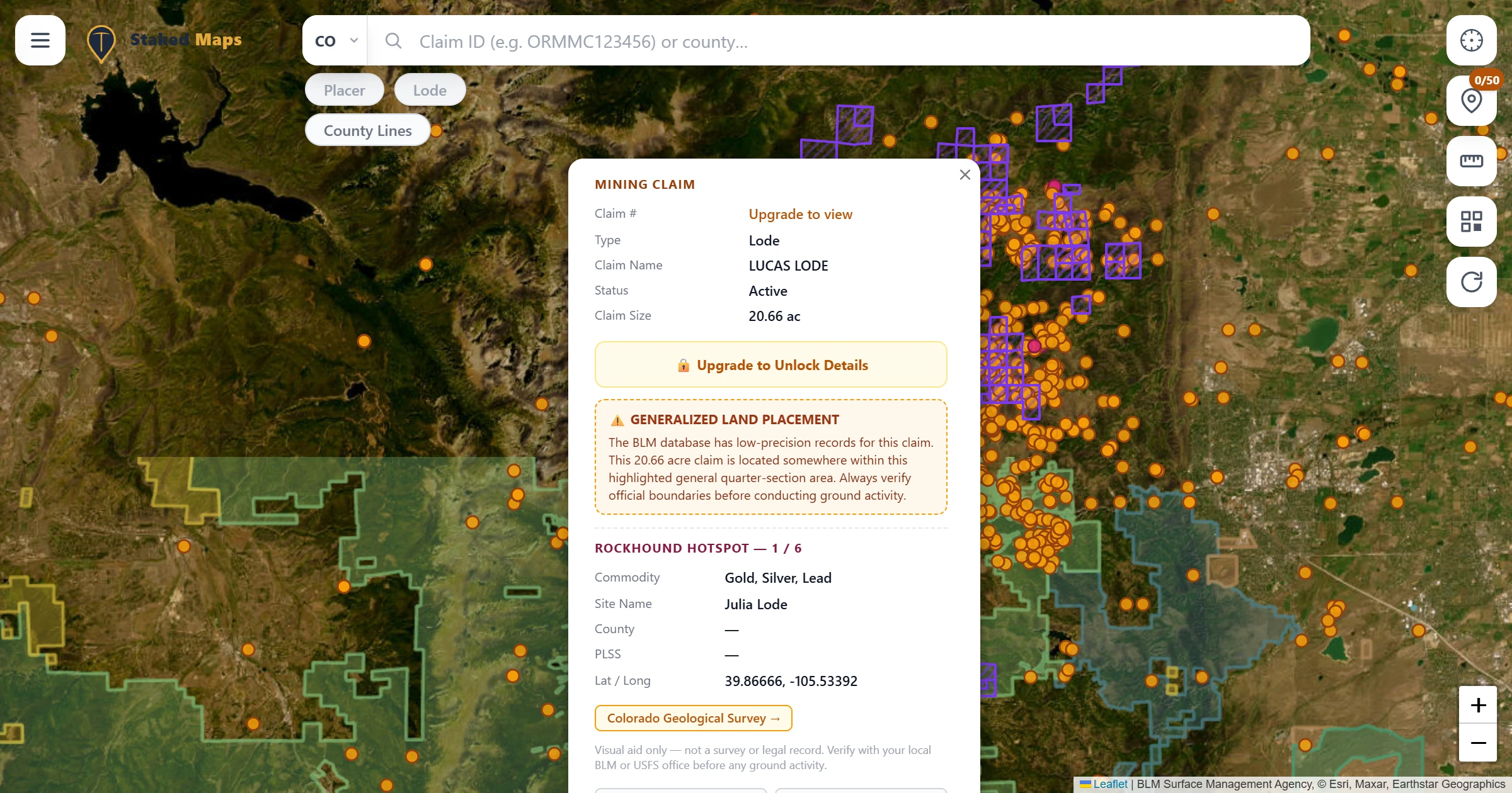 Gilpin County, CO BLM mining claims & rockhounding interactive map.