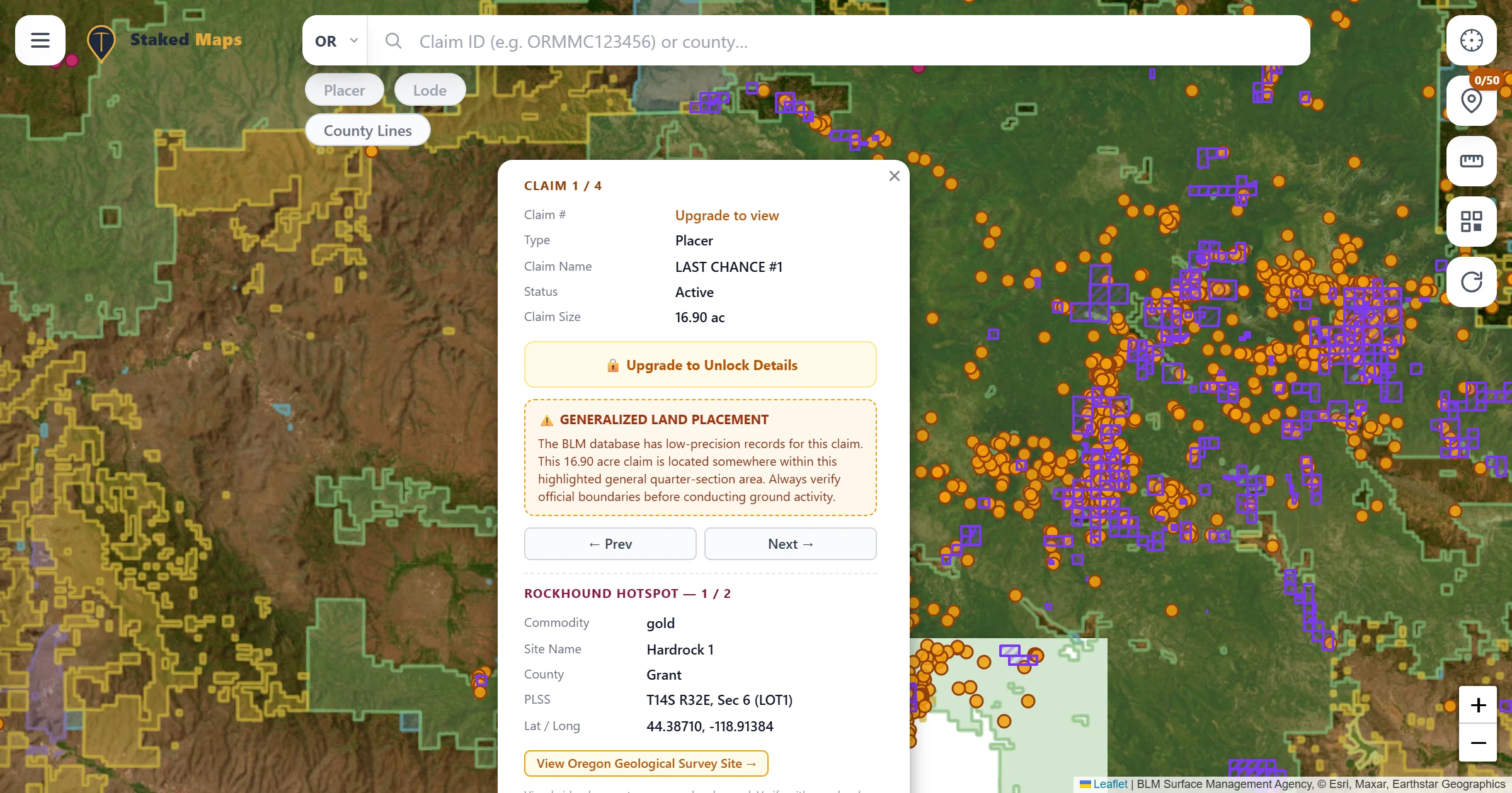 Grant County, OR BLM mining claims & rockhounding interactive map.