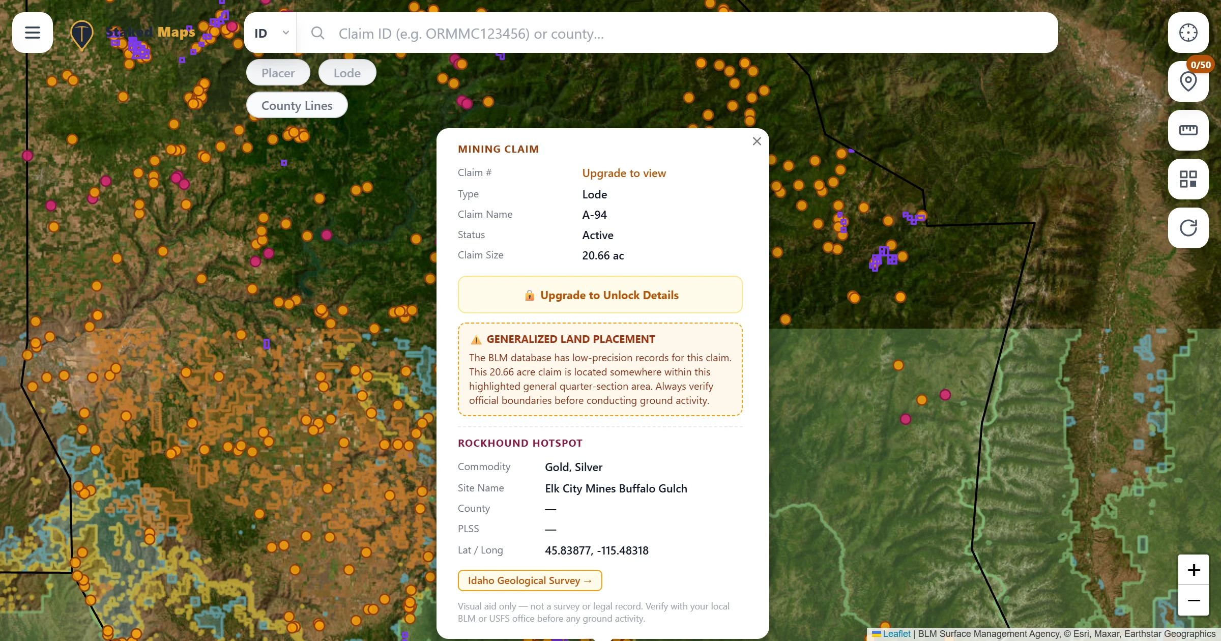 Idaho County, ID BLM mining claims & rockhounding interactive map.