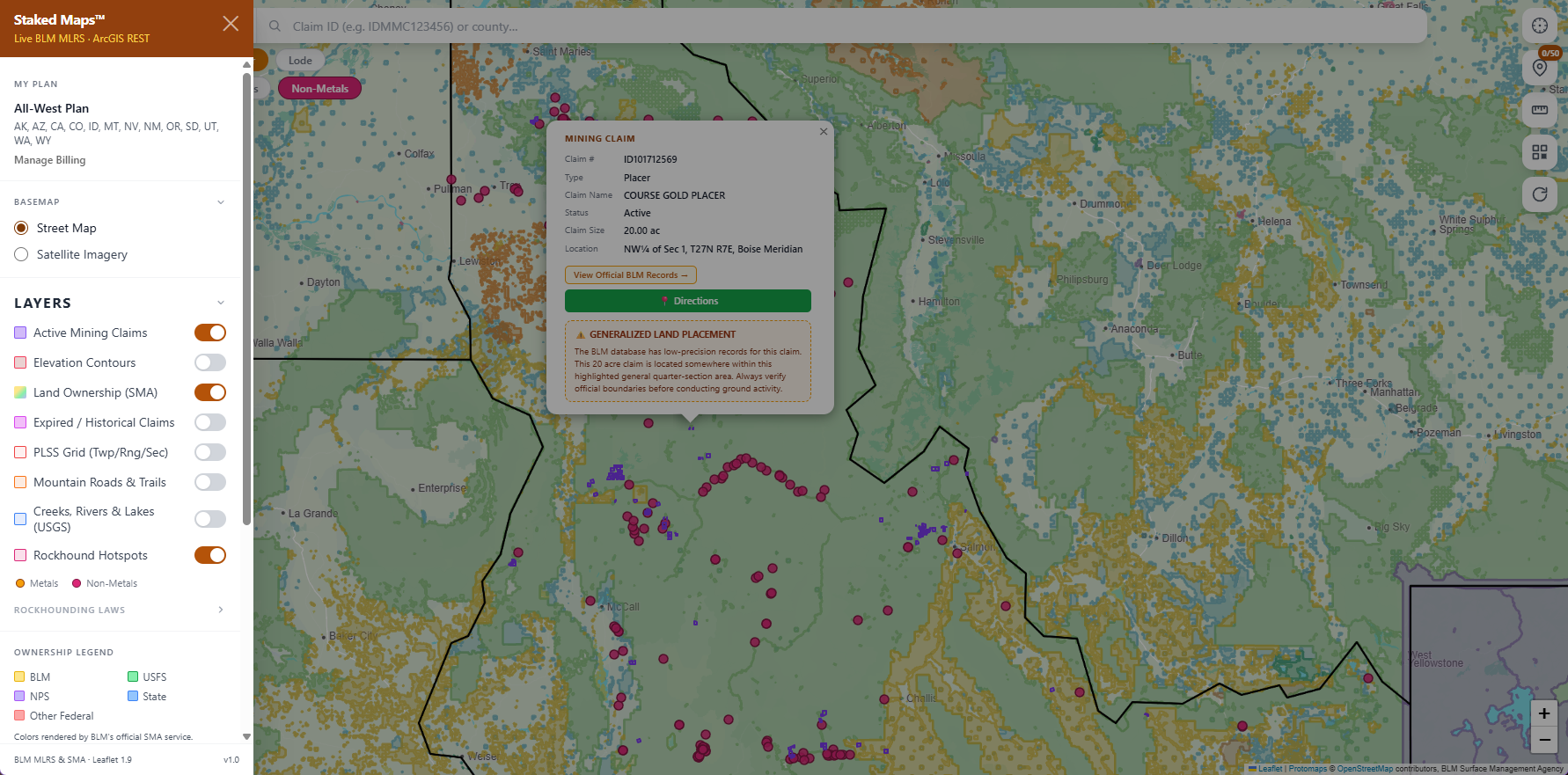 Idaho BLM mining claims & rockhounding interactive map.