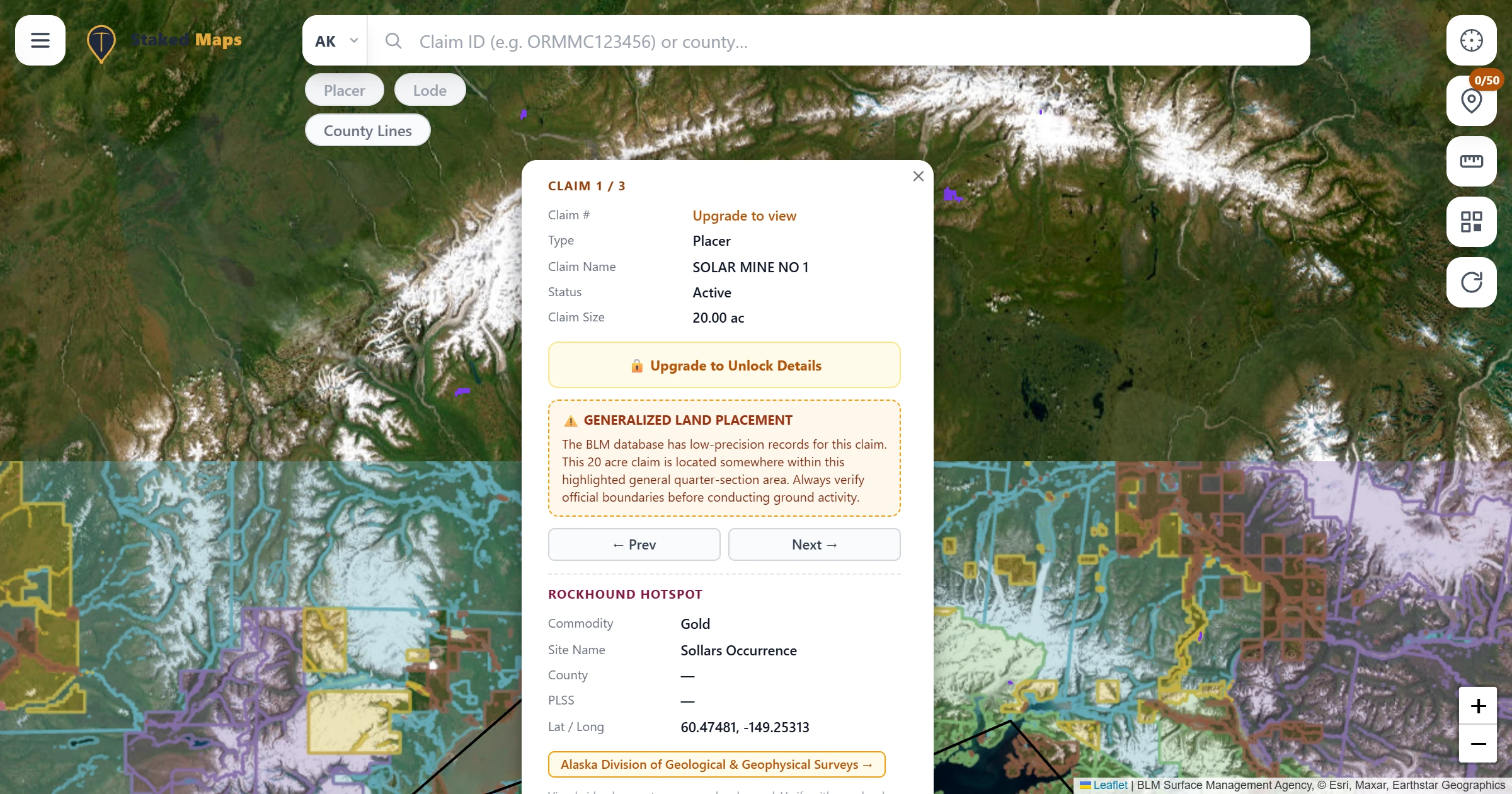 Kenai Peninsula, AK BLM mining claims & rockhounding interactive map.