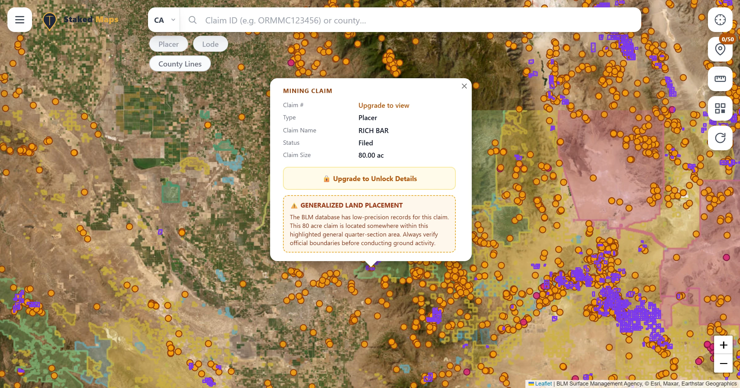 Kern County, CA BLM mining claims & rockhounding interactive map.