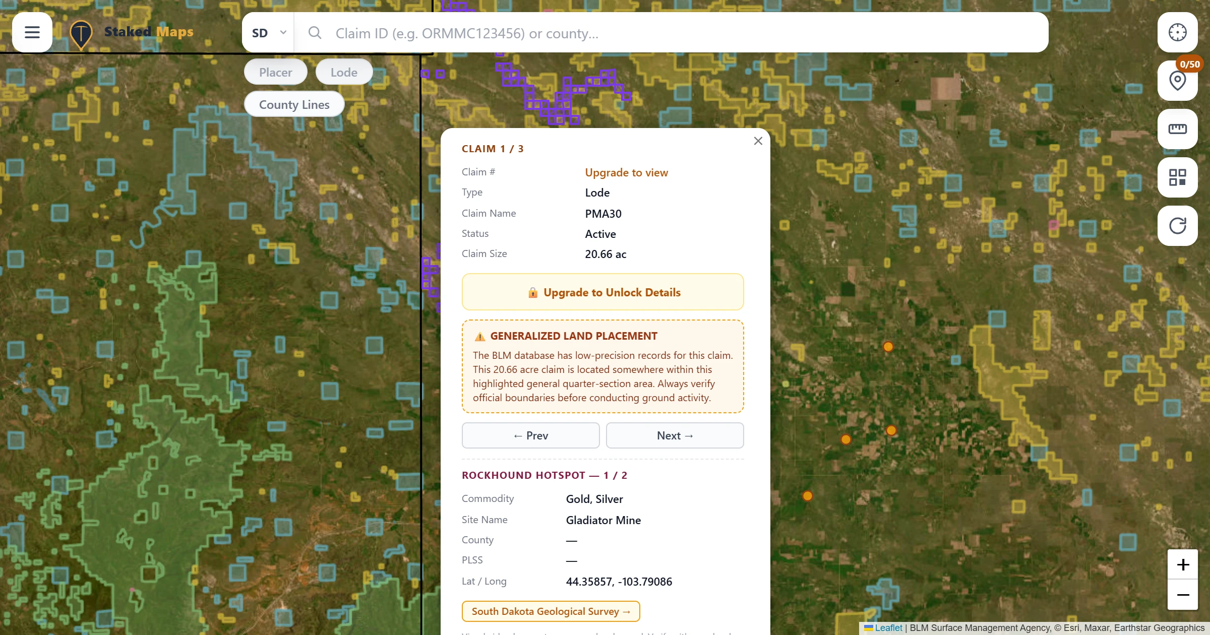 Lawrence County, SD BLM mining claims & rockhounding interactive map.