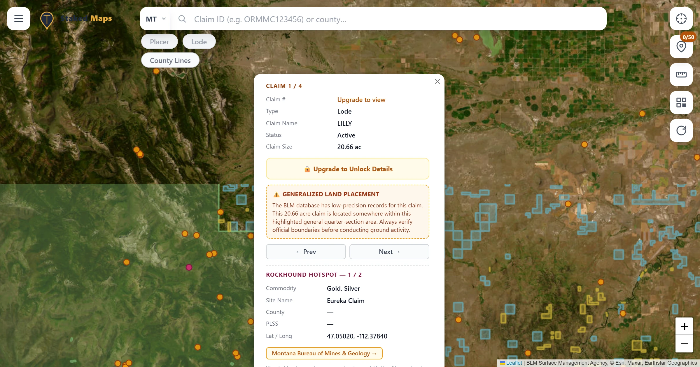 Lewis & Clark County, MT BLM mining claims & rockhounding interactive map.