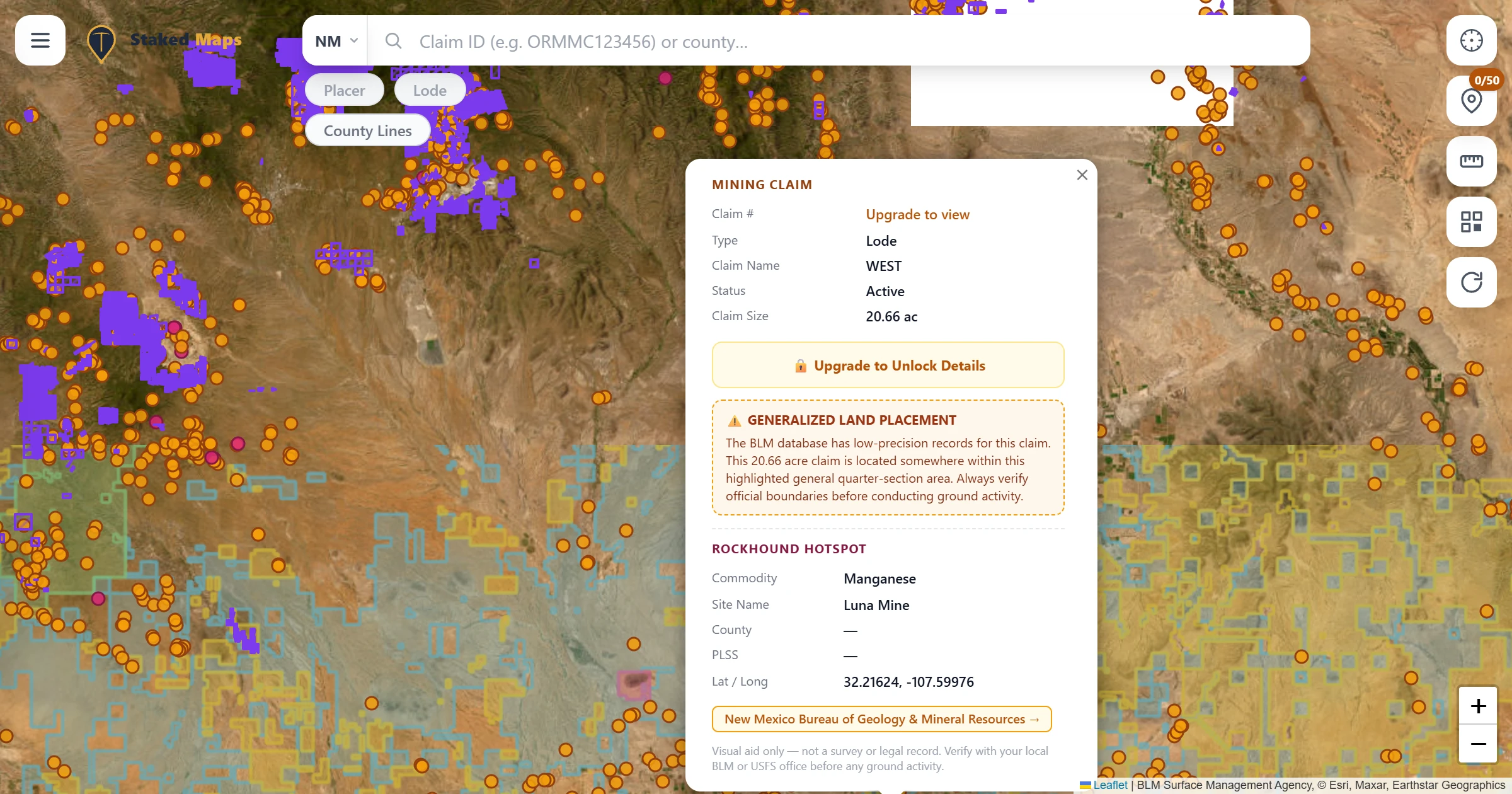 Luna County, NM BLM mining claims & rockhounding interactive map.