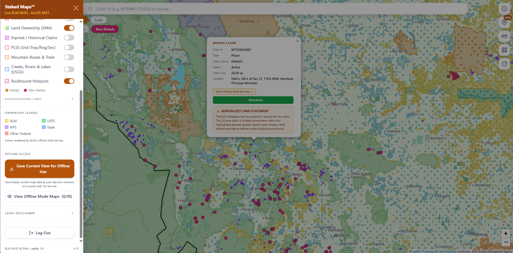 Montana BLM mining claims & rockhounding interactive map.