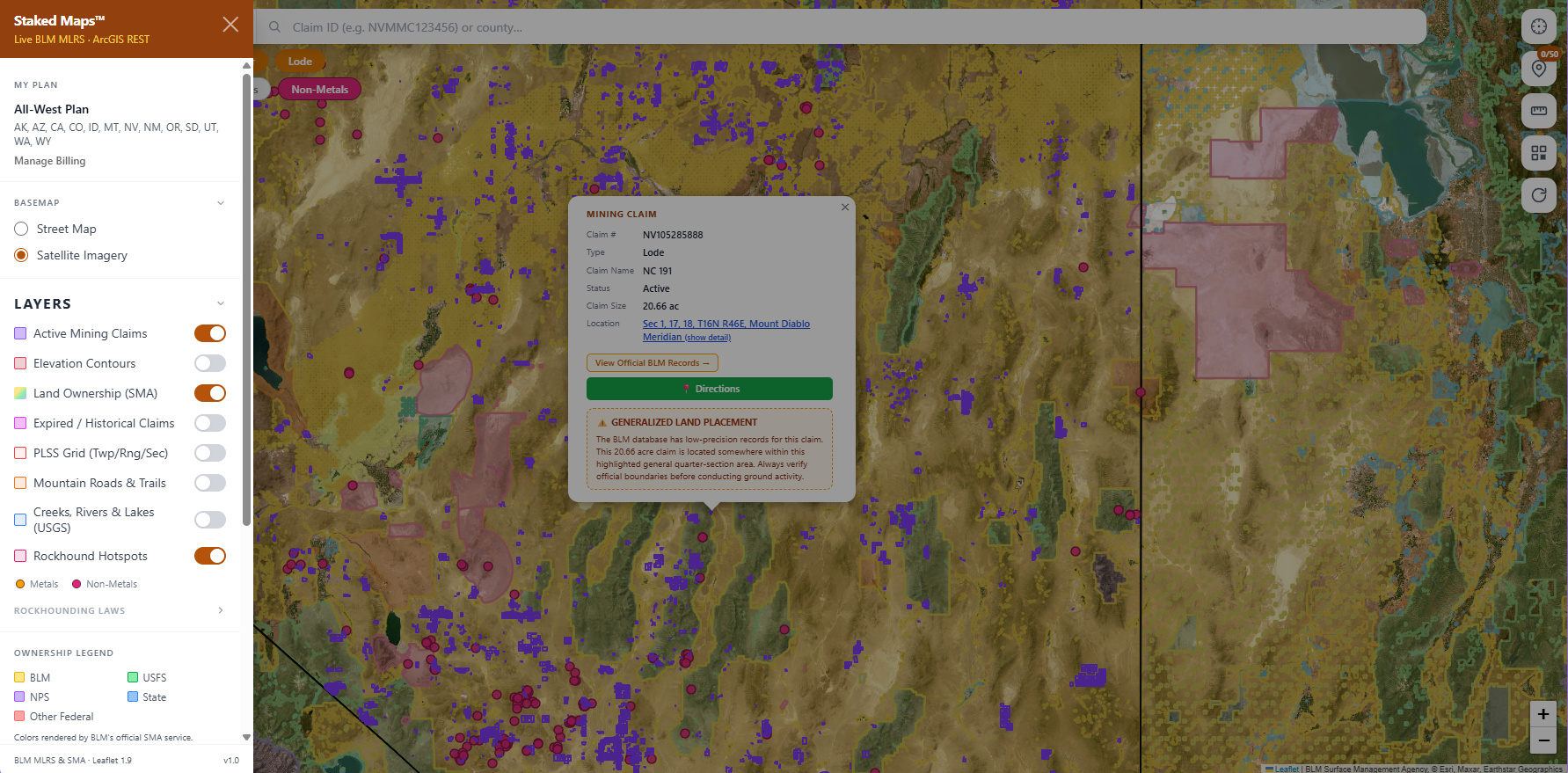 Nevada BLM mining claims & rockhounding interactive map.