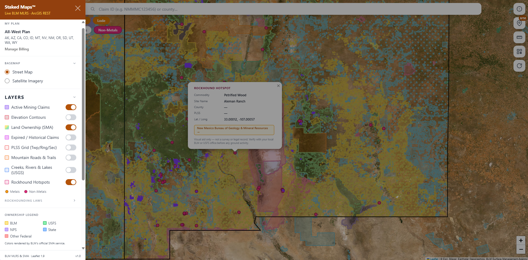 New Mexico BLM mining claims & rockhounding interactive map.