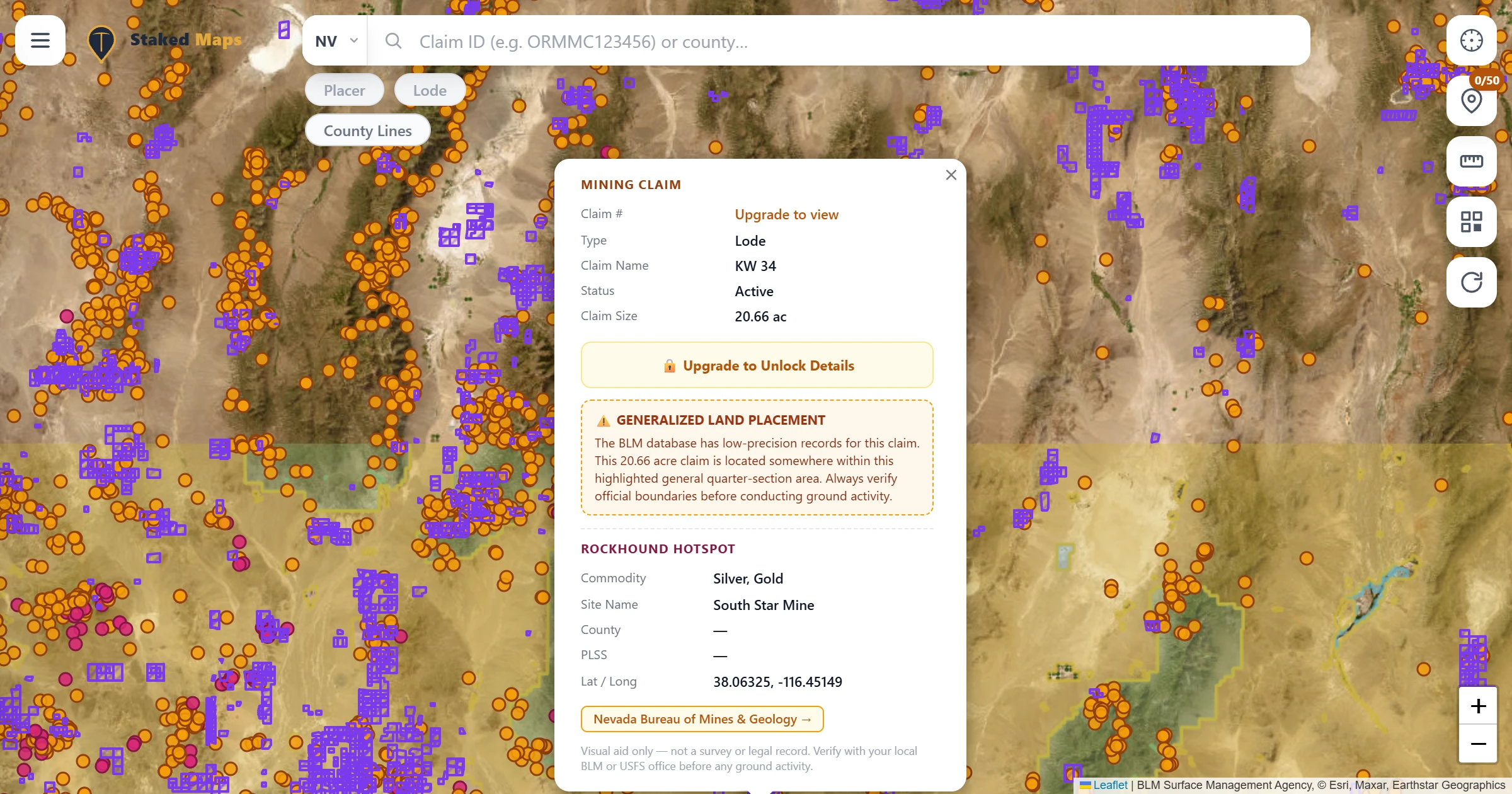 Nye County, NV BLM mining claims & rockhounding interactive map.