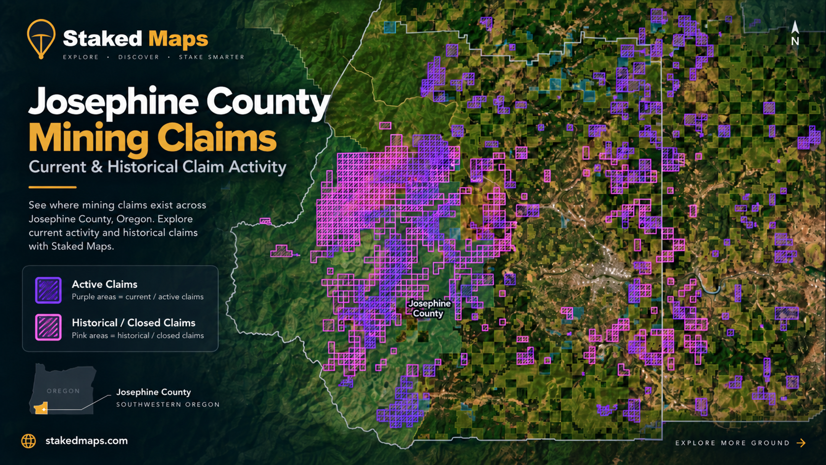 Staked Maps map view of Josephine County, Oregon showing current active claims and historical/closed claims layers