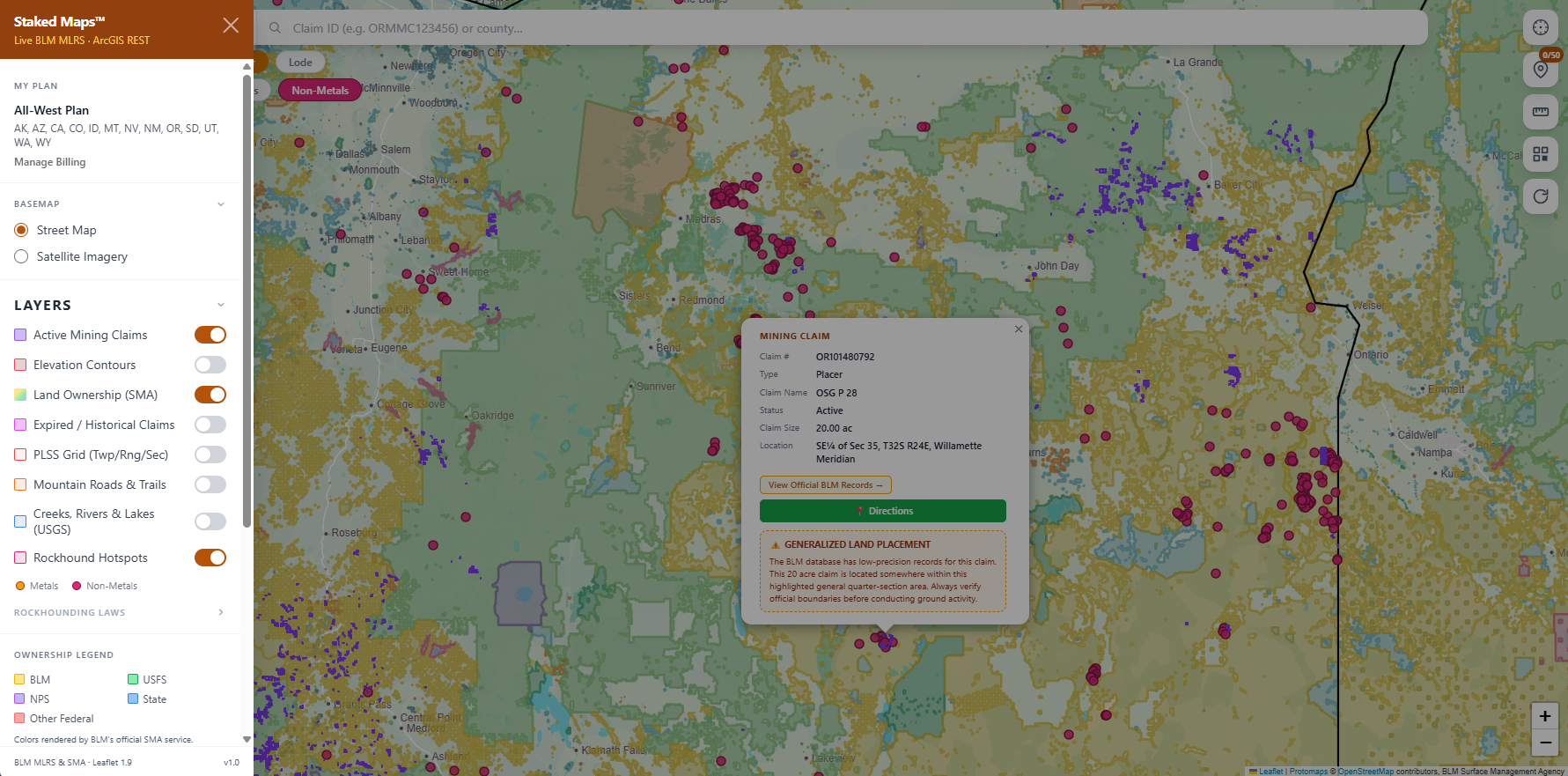 Oregon BLM mining claims & rockhounding interactive map.